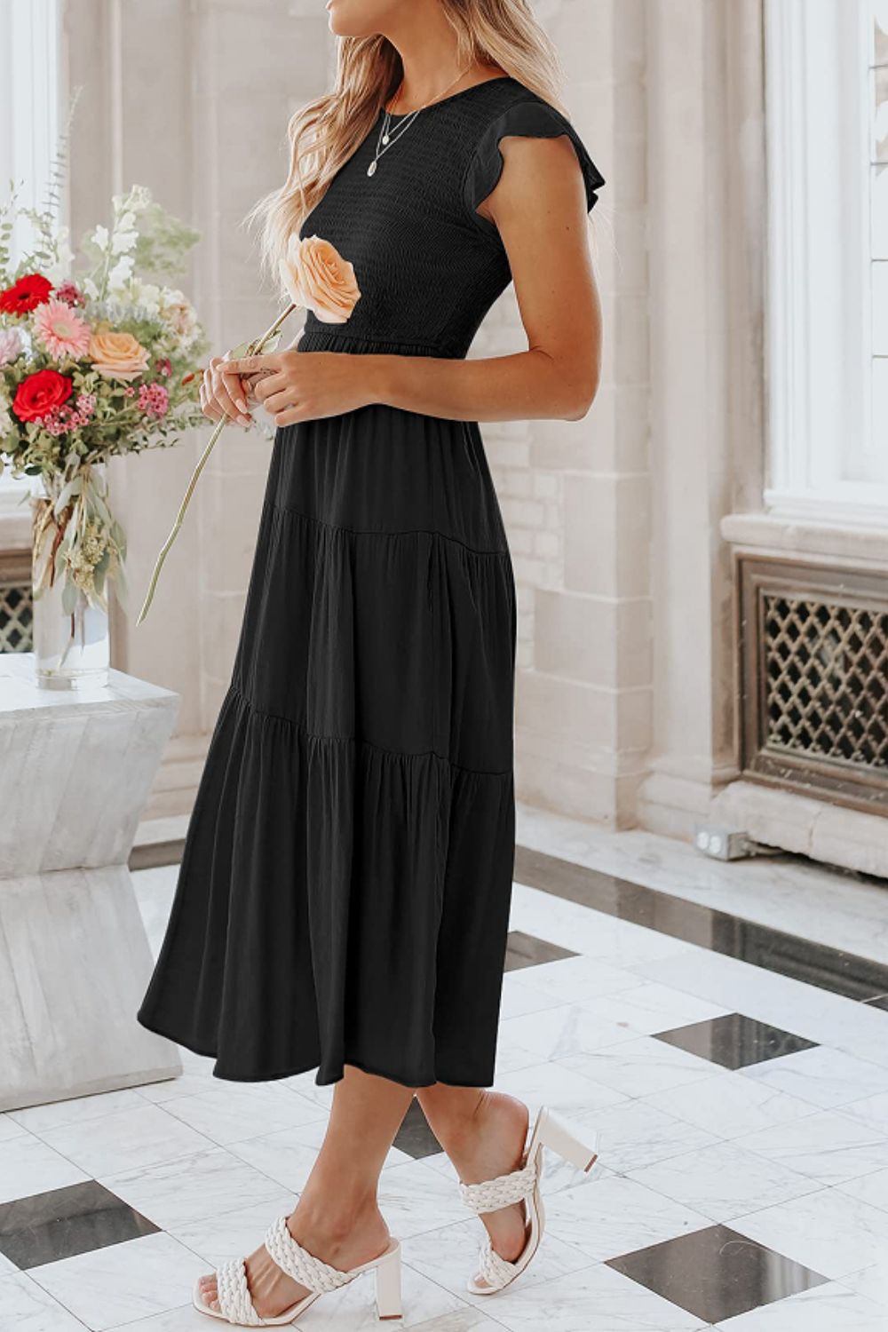 Round Neck Short Sleeve Tiered Midi Dress  Dresses- Doll Fits