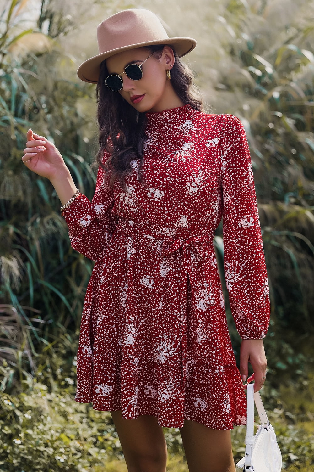 Printed Mock Neck Long Sleeve Tie Waist Mini Dress  Dresses- Doll Fits