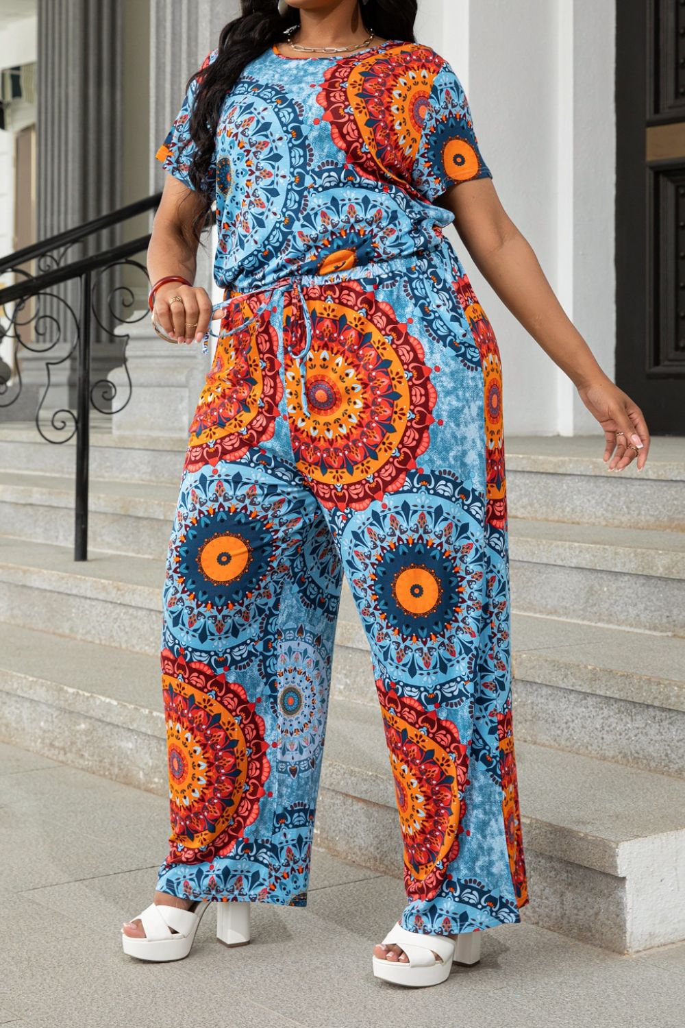 Plus Size Drawstring Waist Short Sleeve Jumpsuit  Jumpsuits & Rompers- Doll Fits