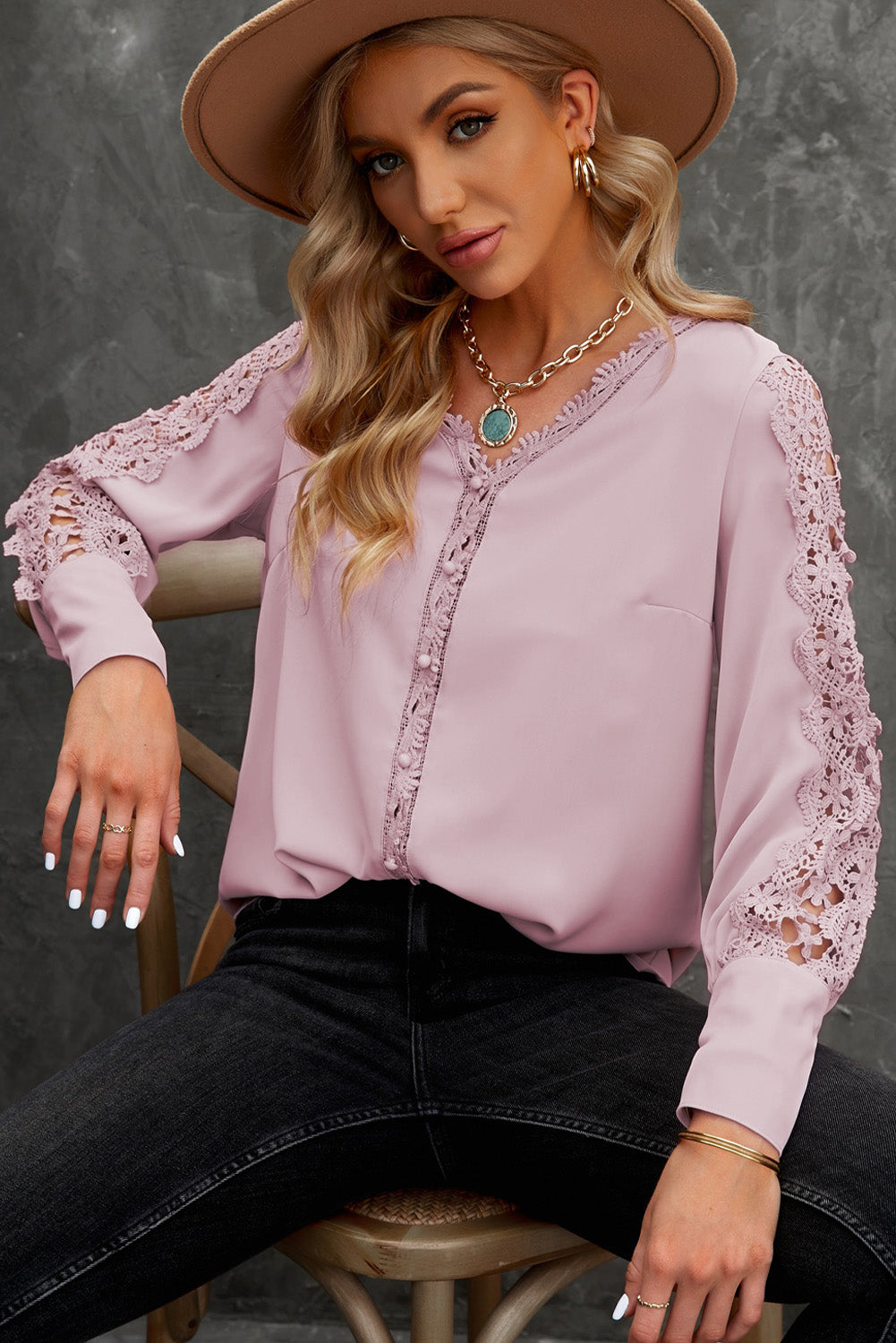 Spliced Lace V-Neck Blouse  Shirts & Tops- Doll Fits