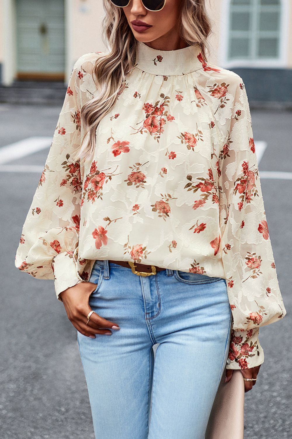 Floral Print Mock Neck Lantern Sleeve Blouse  - Doll Fits