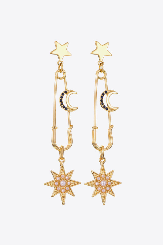 Inlaid Pearl Star and Moon Drop Earrings  Earrings- Doll Fits