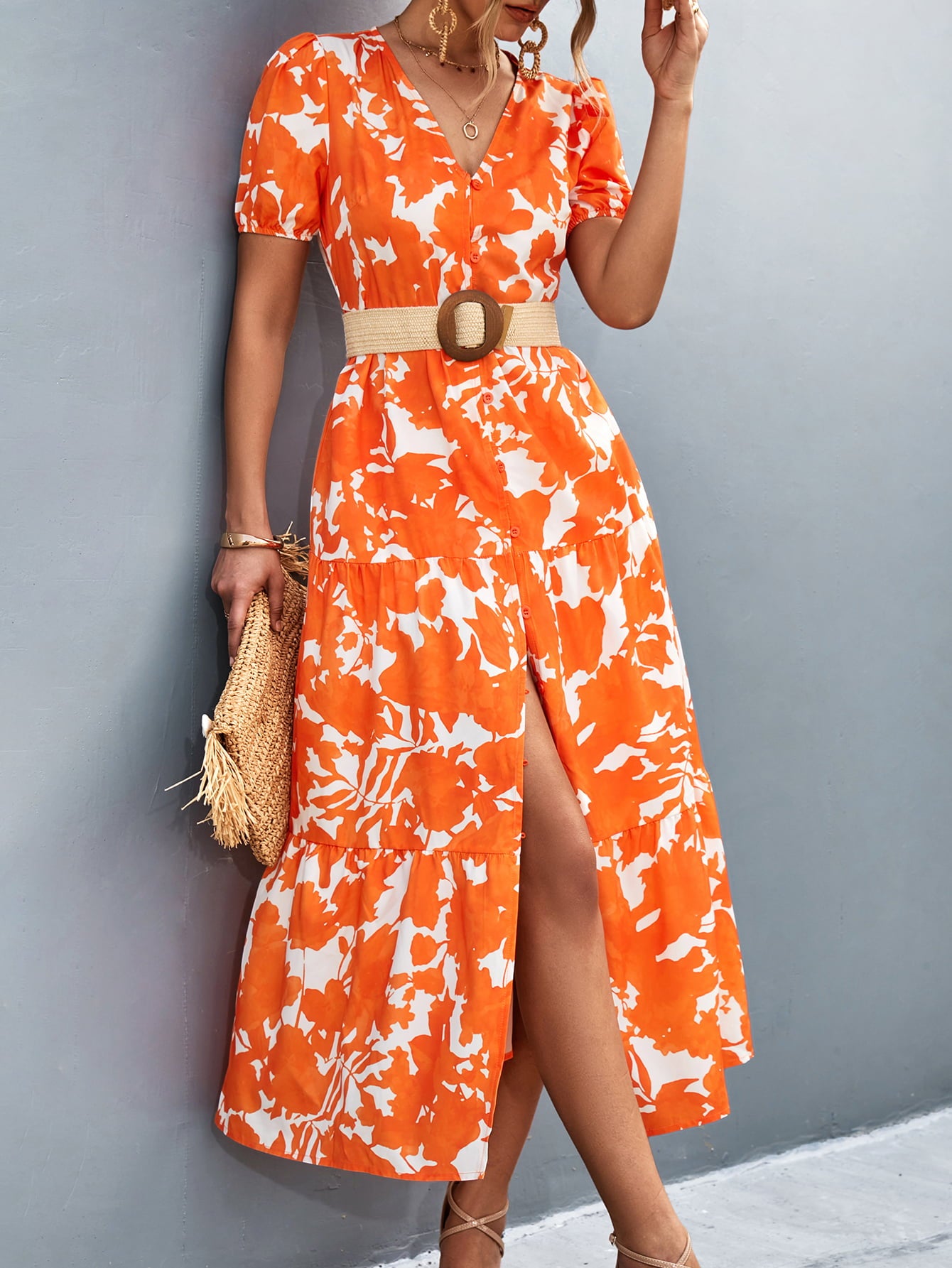 V-Neck Short Sleeve High Slit Midi Dress  Dresses- Doll Fits