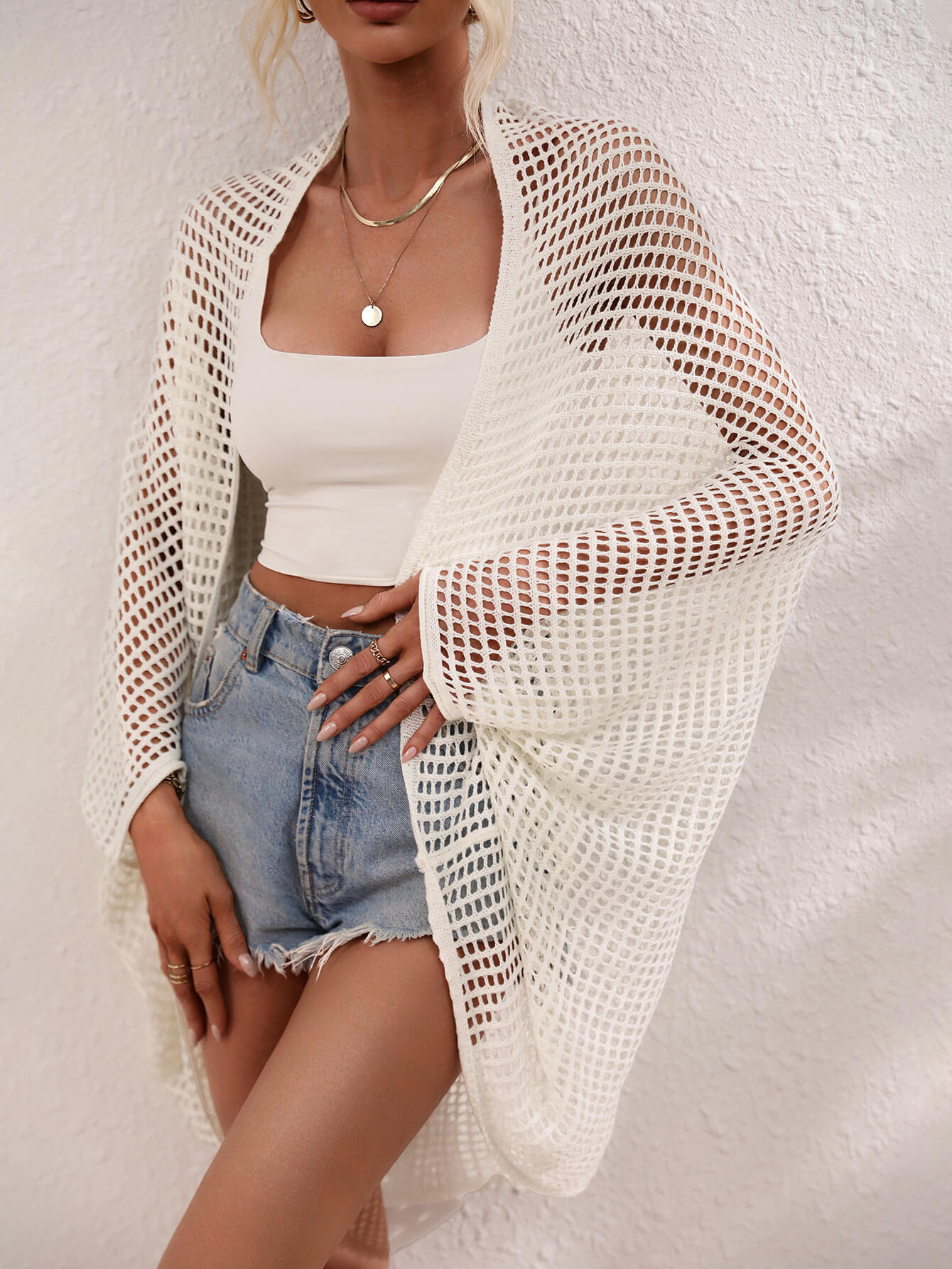 Openwork Open Front Longline Cover Up  Swimwear- Doll Fits
