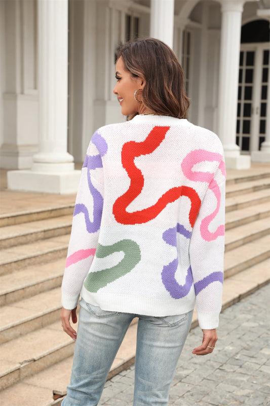 Printed Round Neck Dropped Shoulder Pullover Sweater  - Doll Fits