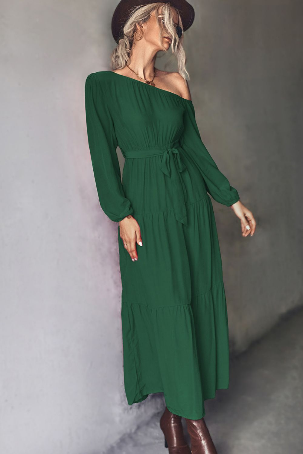 Belted One-Shoulder Tiered Maxi Dress  Dresses- Doll Fits