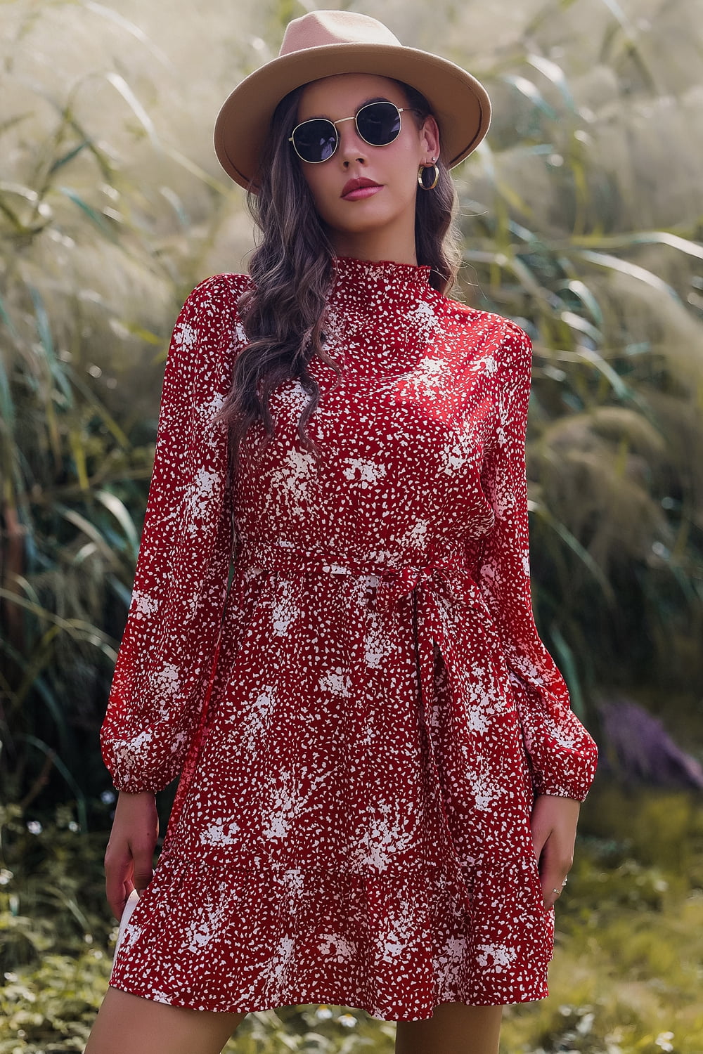Printed Mock Neck Long Sleeve Tie Waist Mini Dress  Dresses- Doll Fits