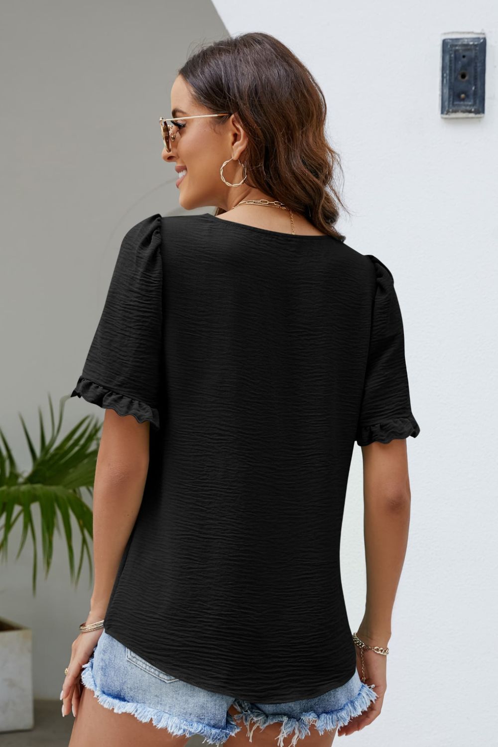Frill Trim Puff Sleeve Square Neck Blouse  Shirts & Tops- Doll Fits