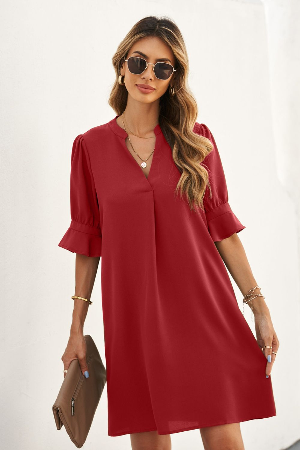 Puff Sleeve Notched Mini Shift Dress  Dresses- Doll Fits