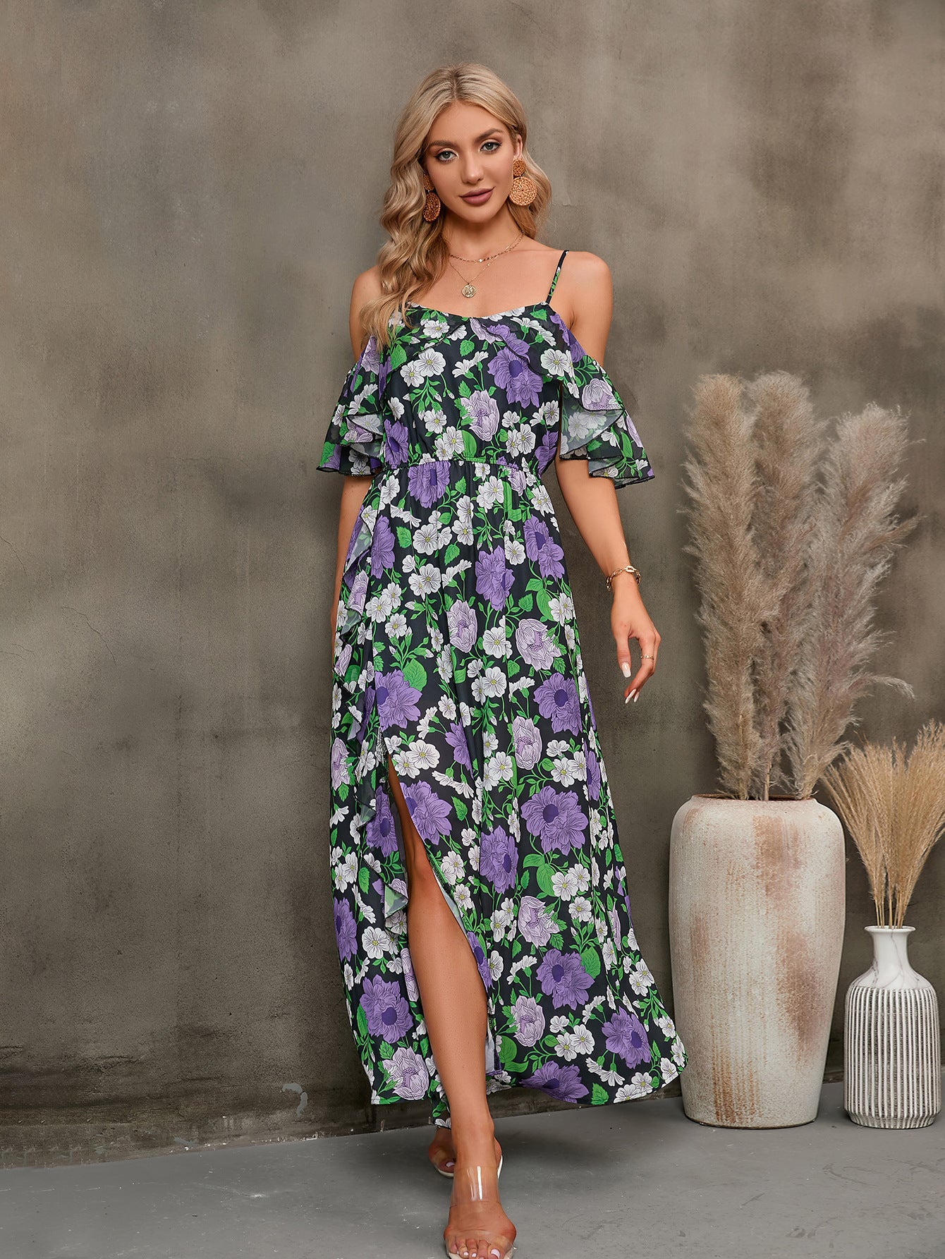 Floral Spaghetti Strap Cold-Shoulder Slit Maxi Dress  Dresses- Doll Fits