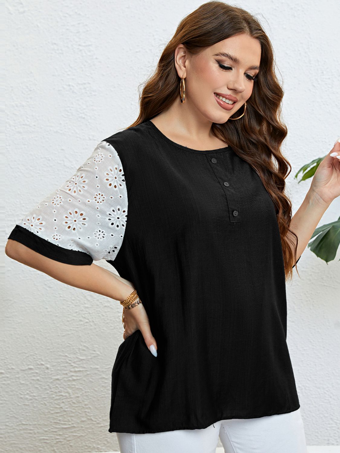 Plus Size Contrast Decorative Button Half Sleeve Top  Shirts & Tops- Doll Fits