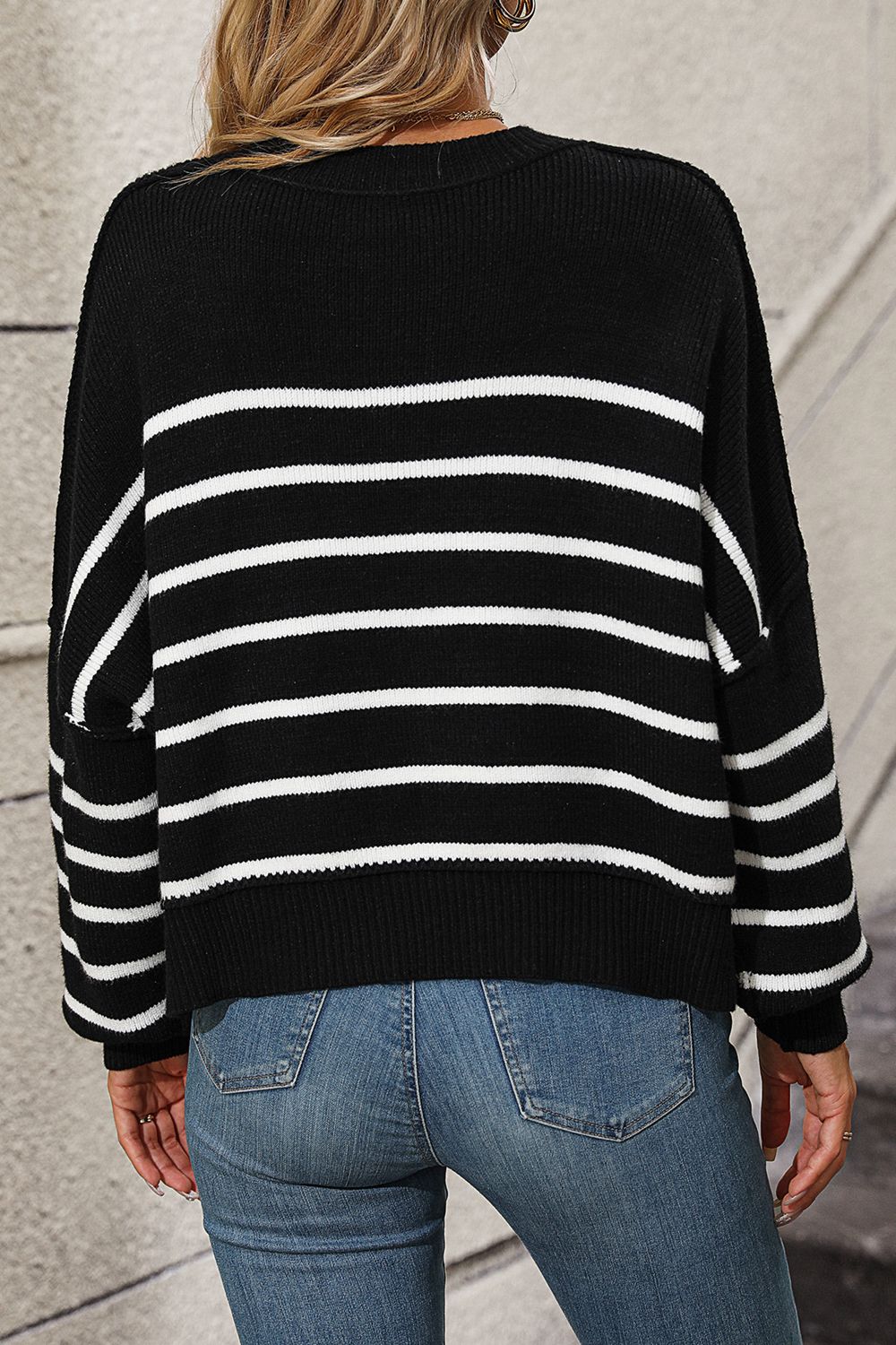 Striped Dropped Shoulder Round Neck Pullover Sweater  - Doll Fits
