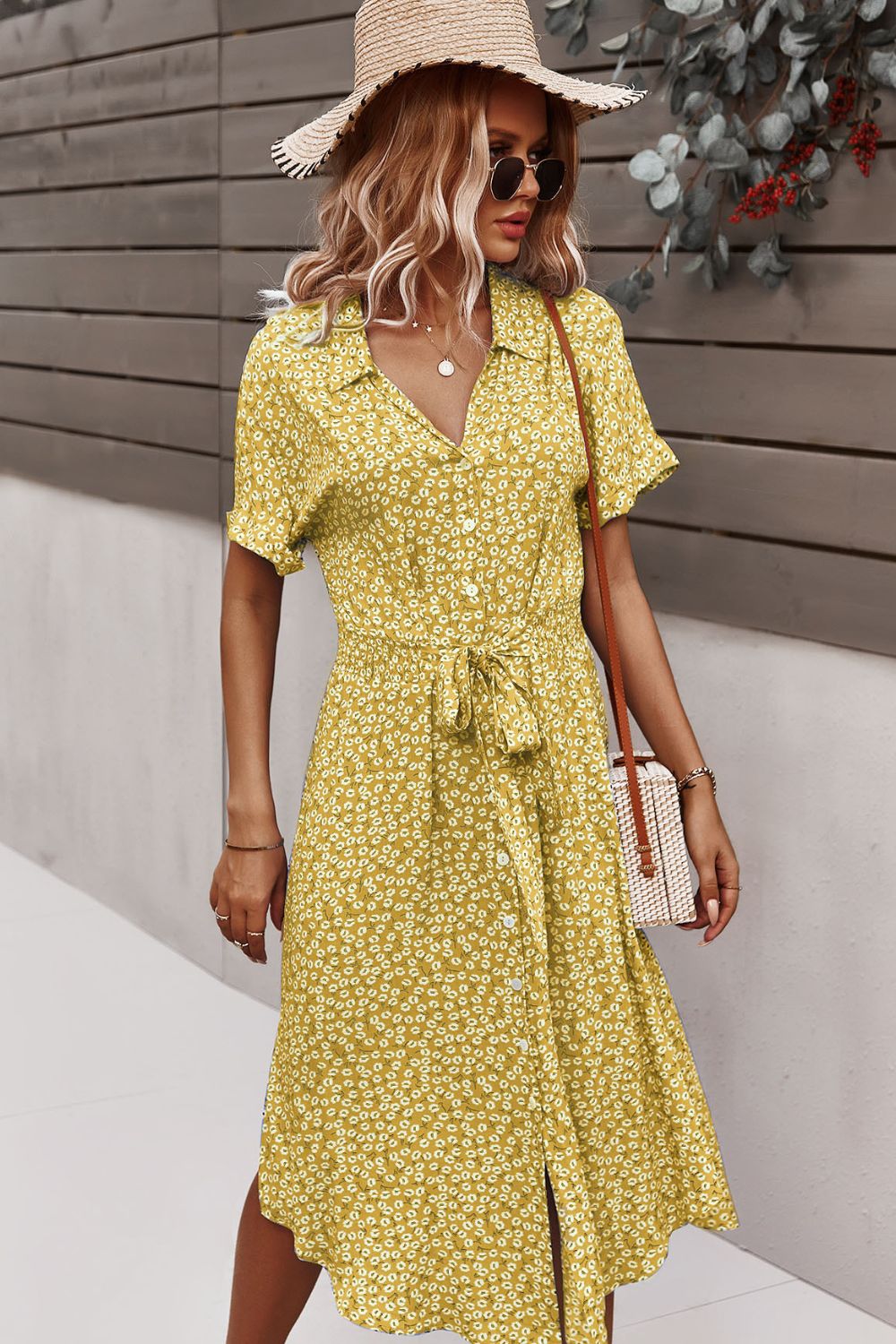 Floral Tie Front Slit Dress  Dresses- Doll Fits