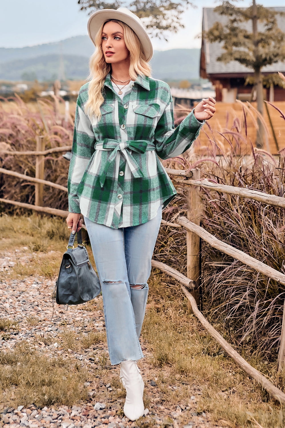 Plaid Collared Neck Bow Front Long Sleeve Jacket  - Doll Fits
