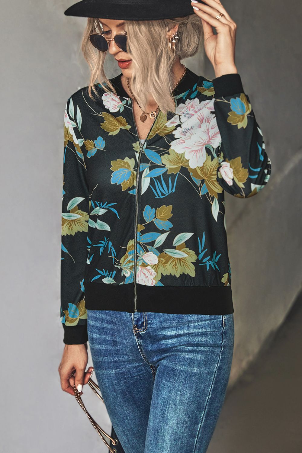 Floral Zip Up Ribbed Trim Bomber Jacket  Coats & Jackets- Doll Fits