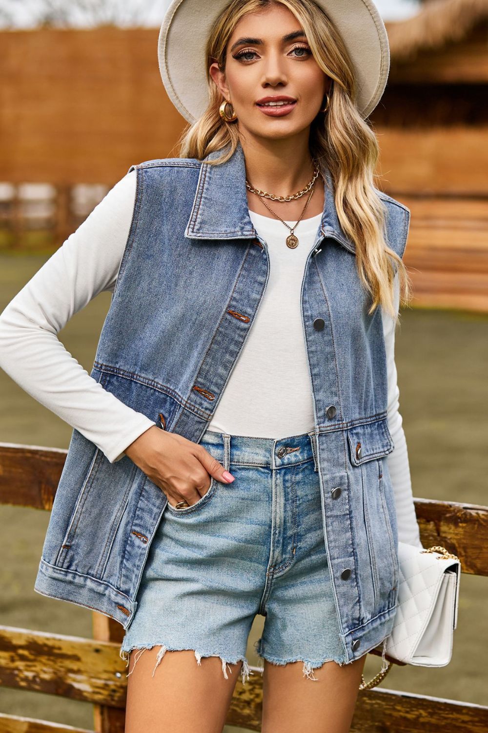 Sleeveless Collared Neck Denim Top with Pockets  Shirts & Tops- Doll Fits