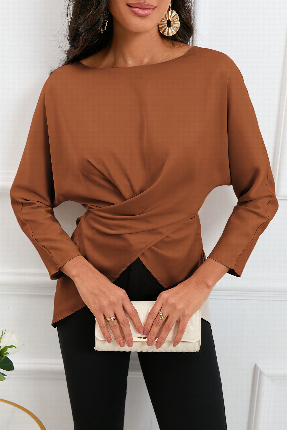 Boat Neck Back Tie Long Sleeve Satin Blouse  Shirts & Tops- Doll Fits