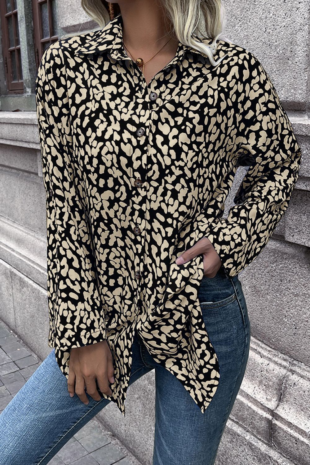 Double Take Leopard Roll-Tap Sleeve Shirt  - Doll Fits