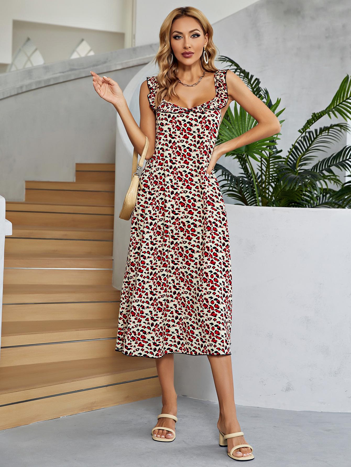 Printed Ruffled Sleeveless Midi Dress  Dresses- Doll Fits