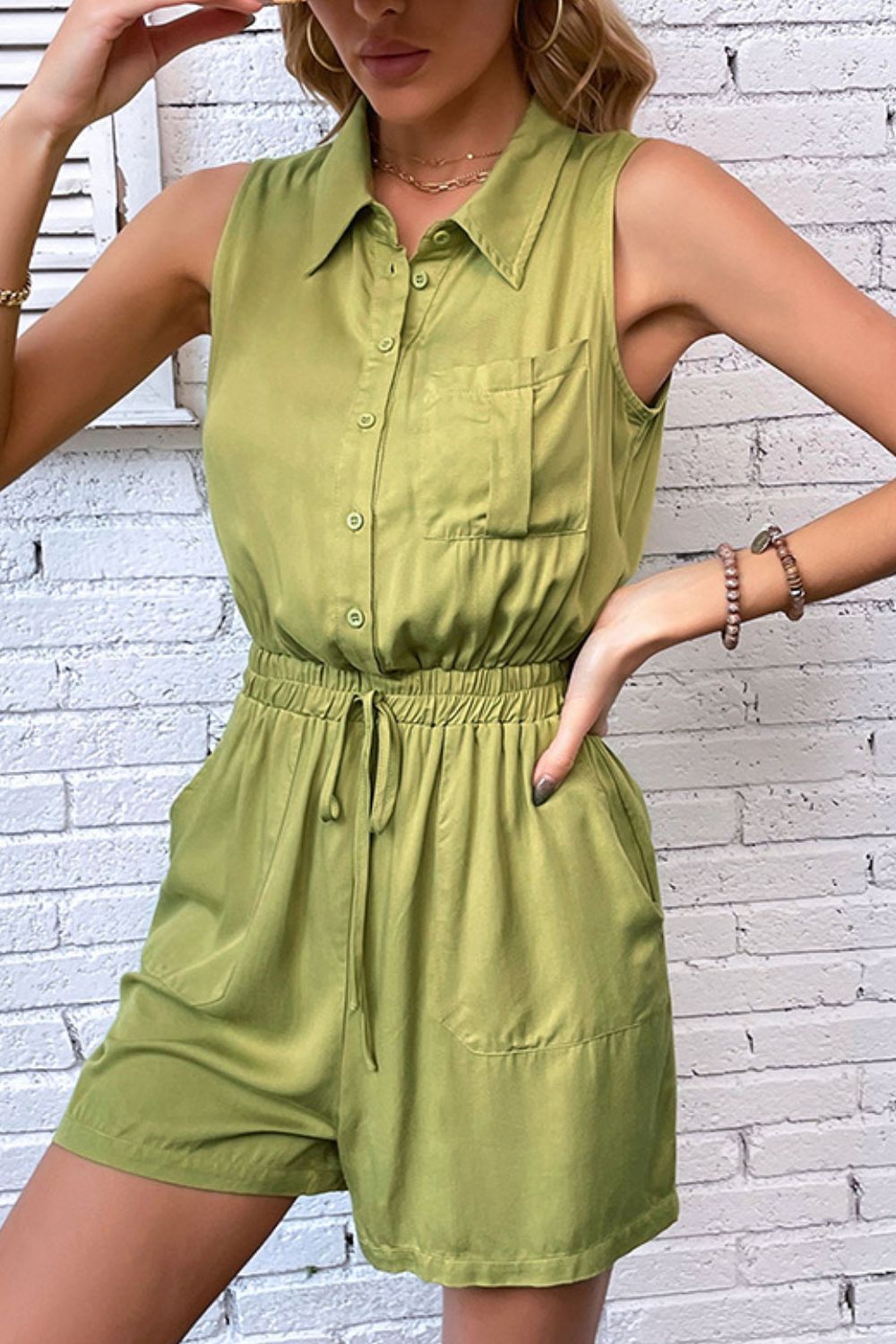 Collared Neck Sleeveless Romper with Pockets  Jumpsuits & Rompers- Doll Fits