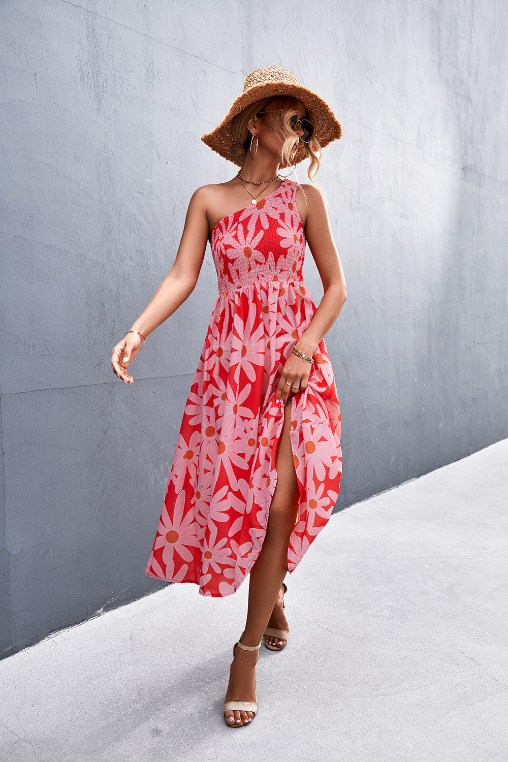 Floral Smocked One-Shoulder Midi Dress  Dresses- Doll Fits