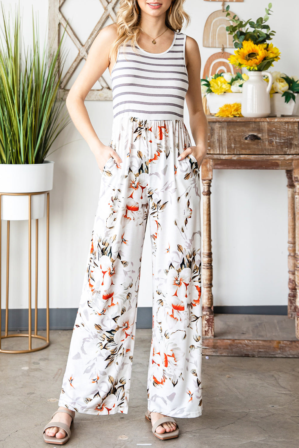 Striped Floral Sleeveless Wide Leg Jumpsuit with Pockets  Jumpsuits & Rompers- Doll Fits