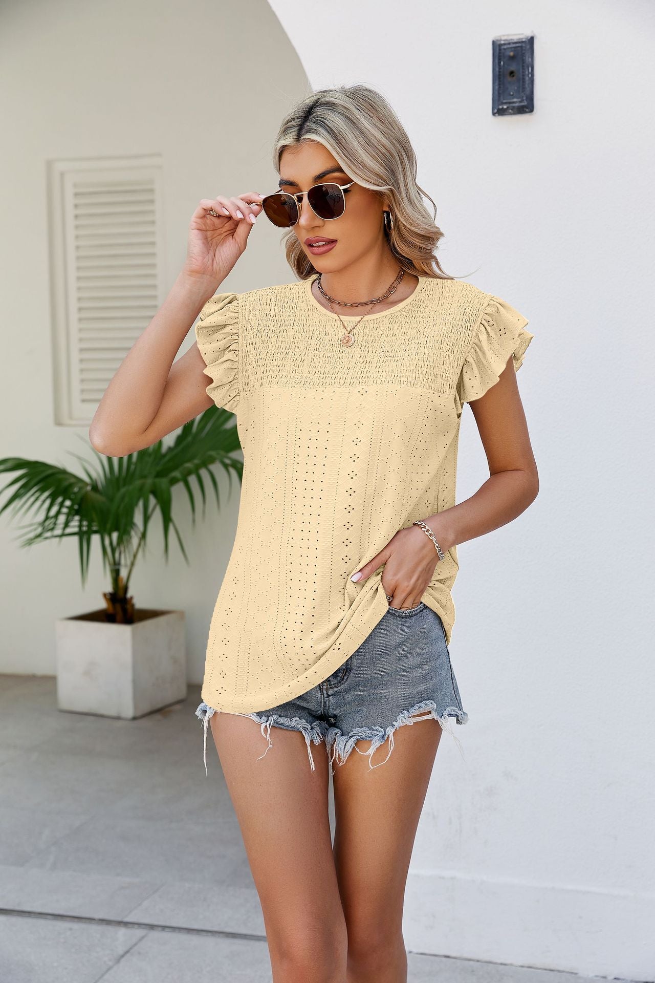 Smocked Round Neck Flutter Sleeve Top  Shirts & Tops- Doll Fits