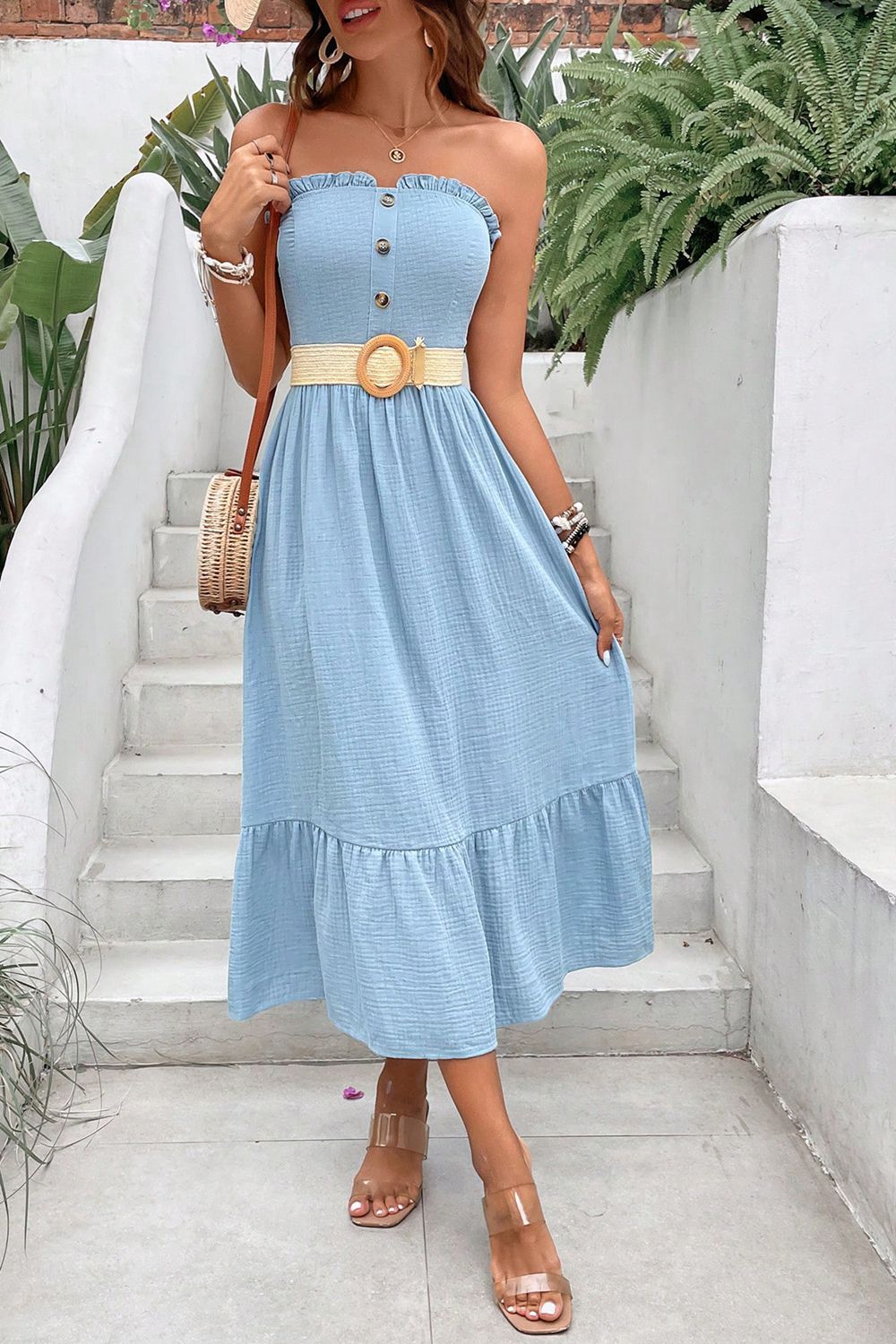 Sweetheart Neck Buttoned Sleeveless Midi Dress  Dresses- Doll Fits