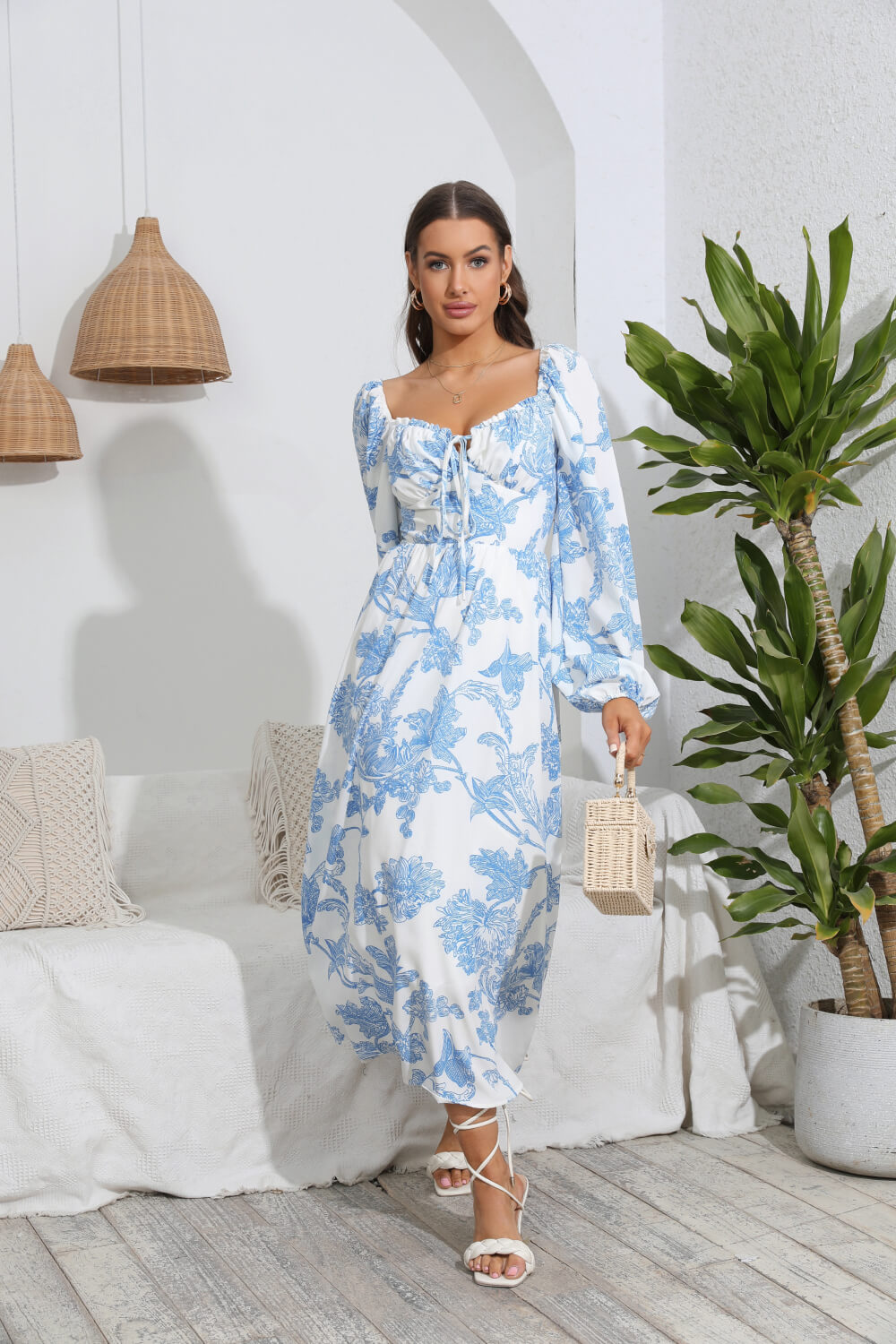 Floral Tie Front Sweetheart Neck Midi Dress  Dresses- Doll Fits