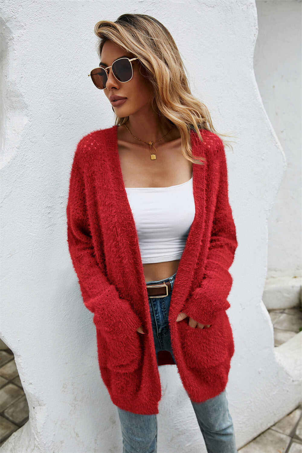 Open Front Openwork Fuzzy Cardigan with Pockets  Coats & Jackets- Doll Fits