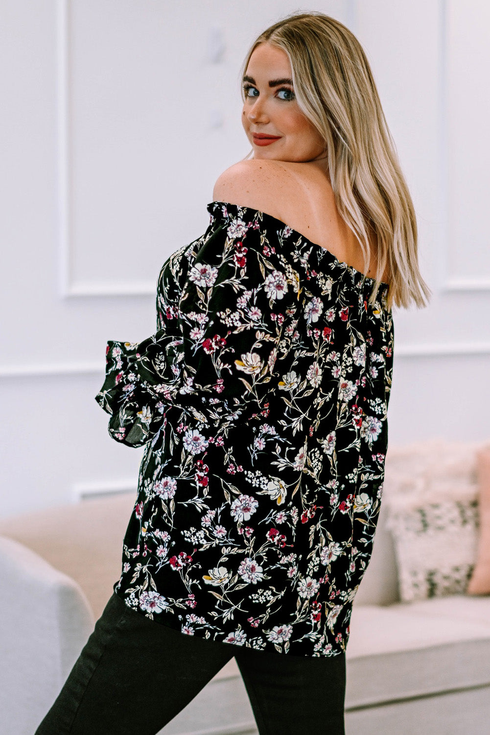 Plus Size Floral Frilled Off-Shoulder Blouse  Shirts & Tops- Doll Fits