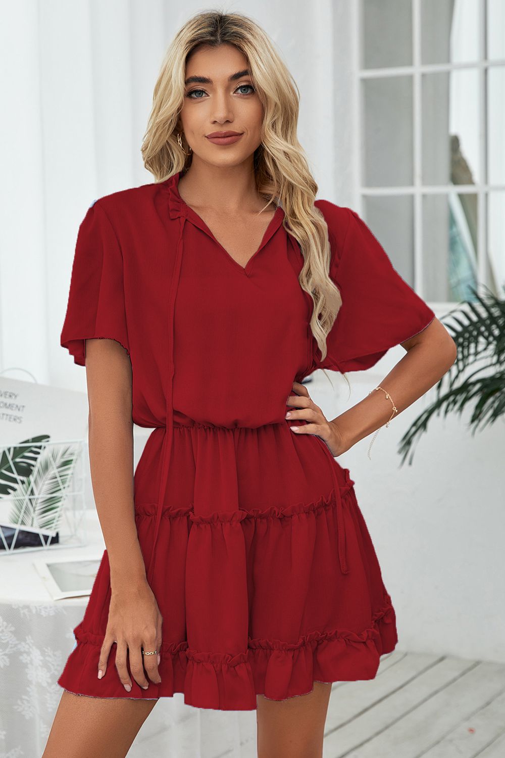 Tie Neck Frill Trim Short Sleeve Mini Dress  Dresses- Doll Fits