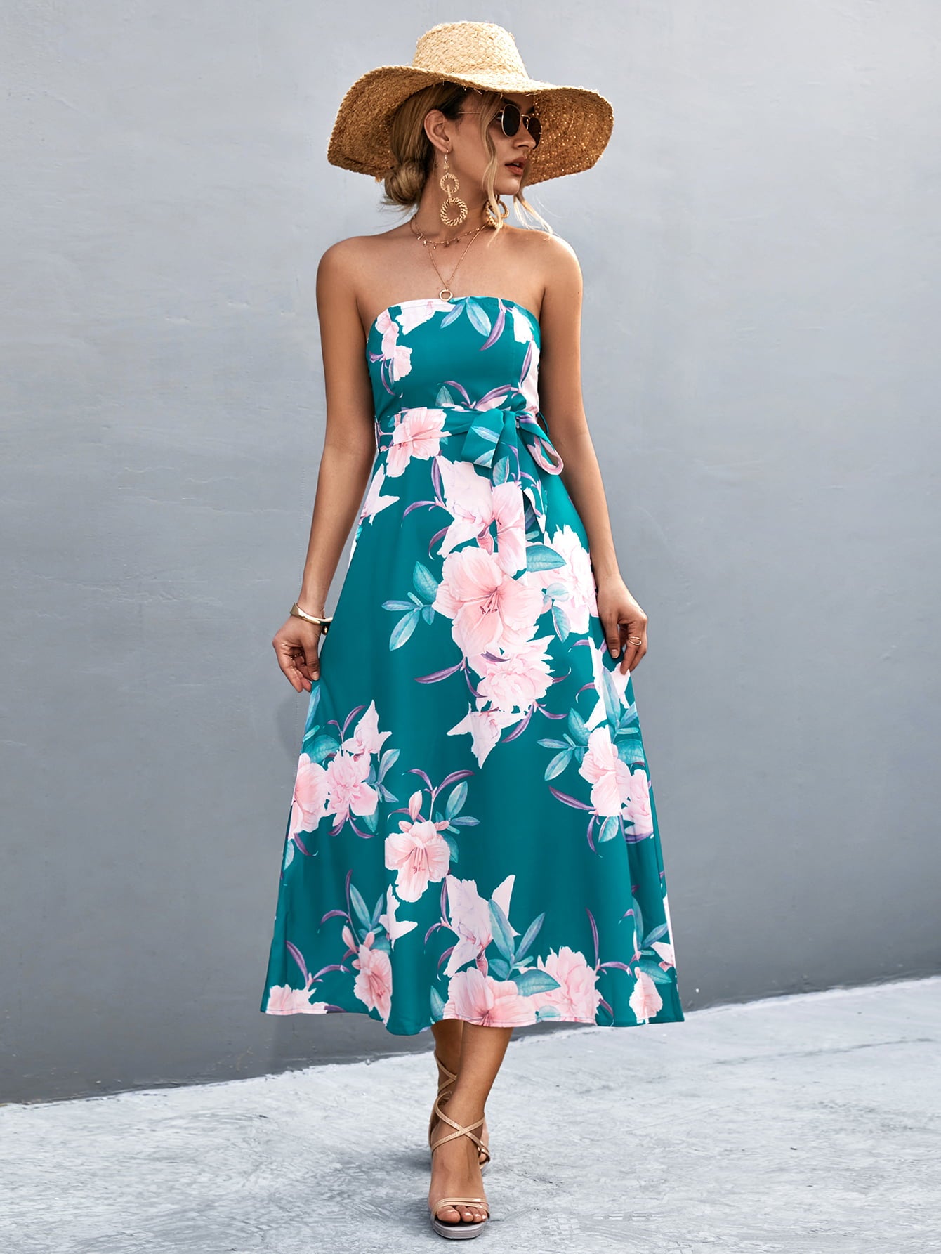 Floral Print Tie Waist Straight Neck Midi Dress  Dresses- Doll Fits