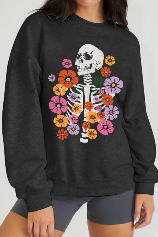 Simply Love Simply Love Full Size Flower Skeleton Graphic Sweatshirt  - Doll Fits