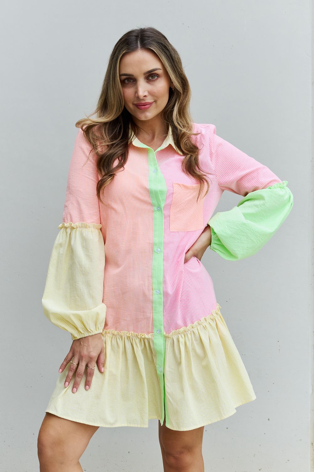 Davi & Dani Flying Colors Full Size Colorblock Long Sleeve Shirt Dress  Dresses- Doll Fits