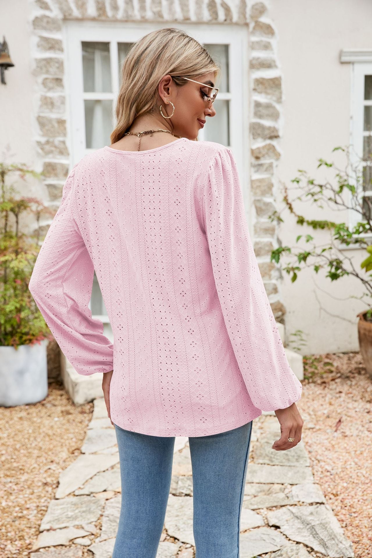 Eyelet Notched Neck Balloon Sleeve Blouse  Shirts & Tops- Doll Fits