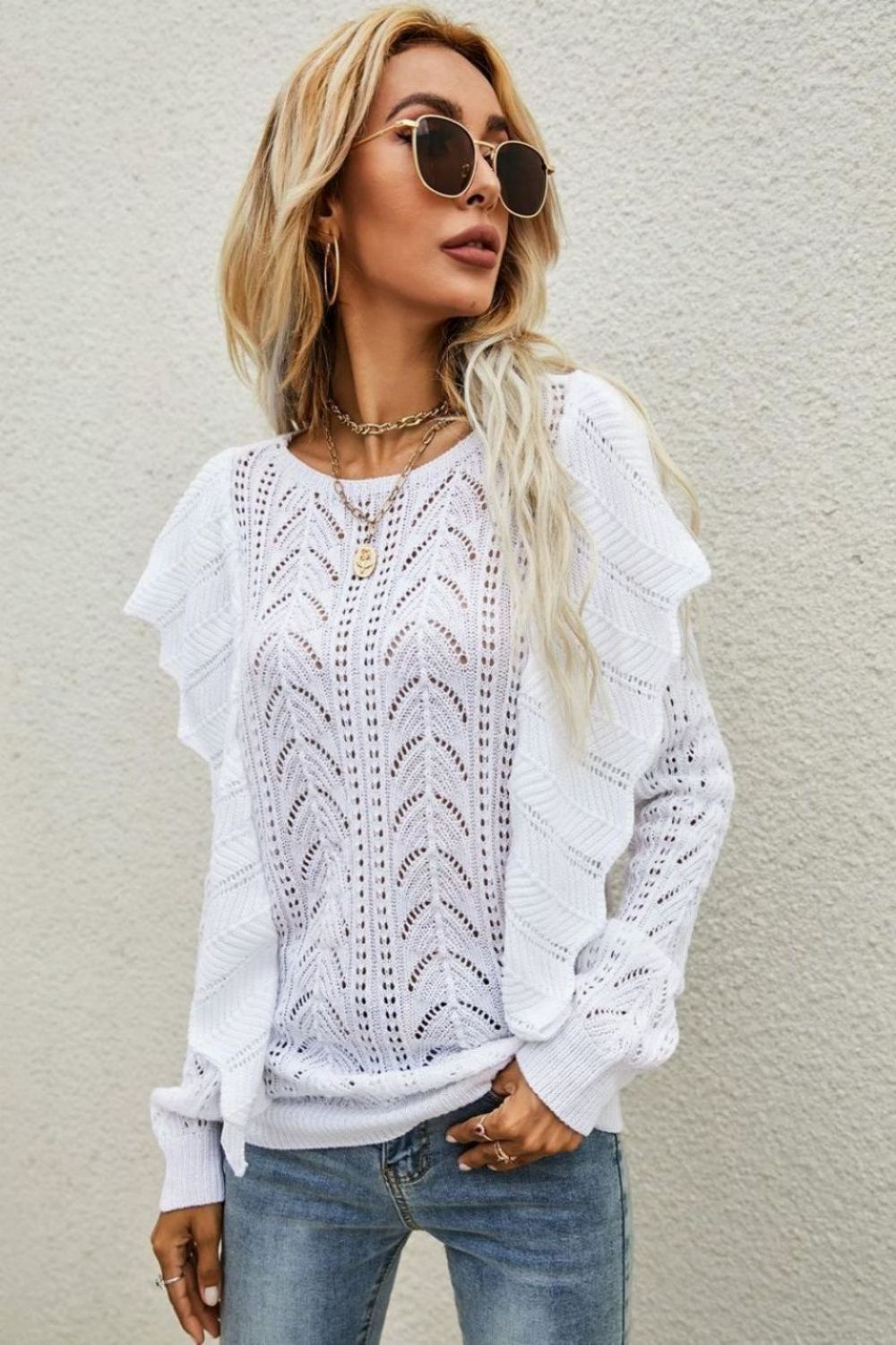 Openwork Round Neck Ruffled Sweater  Shirts & Tops- Doll Fits