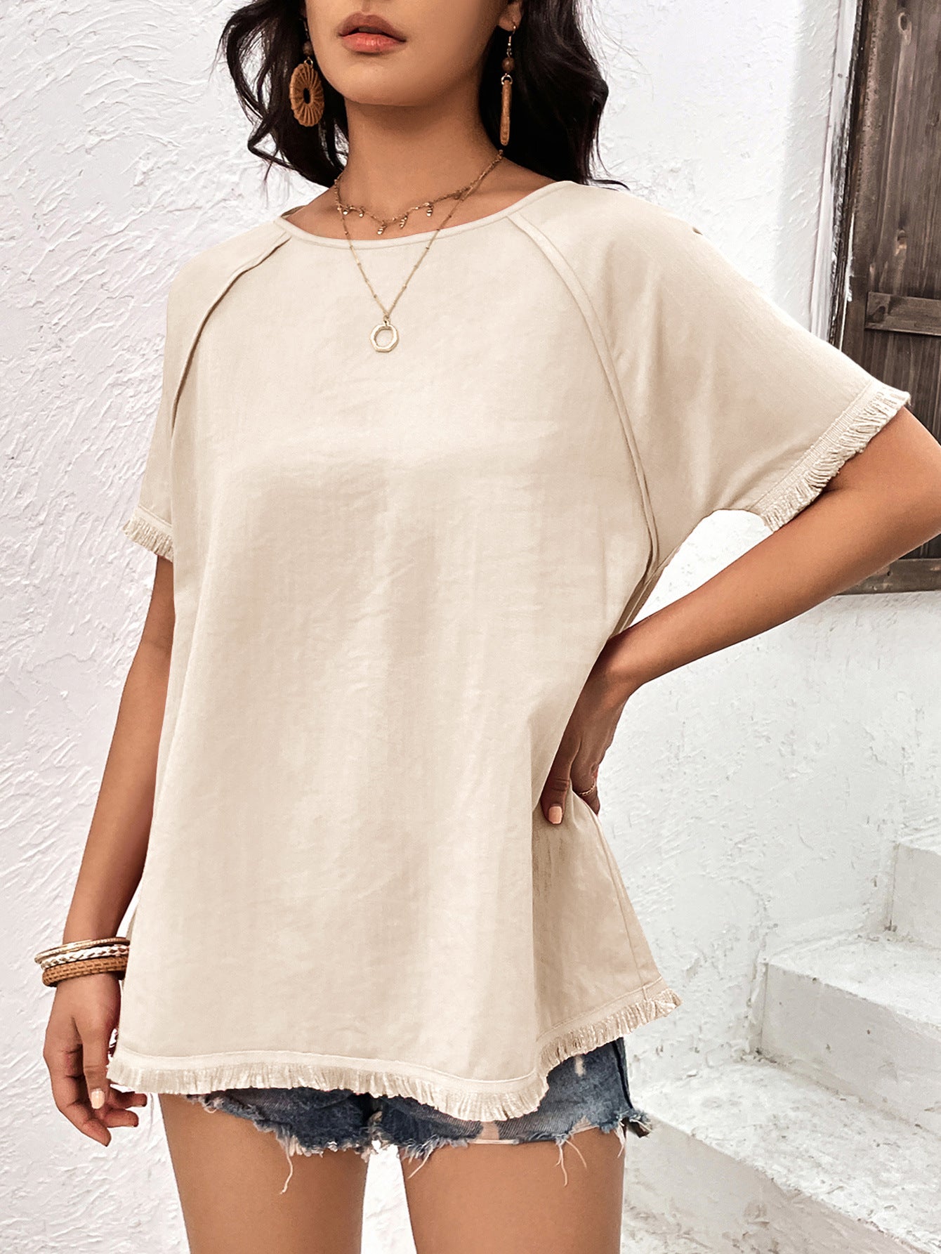 Round Neck Raglan Sleeve Fringe Detail Top  Shirts & Tops- Doll Fits