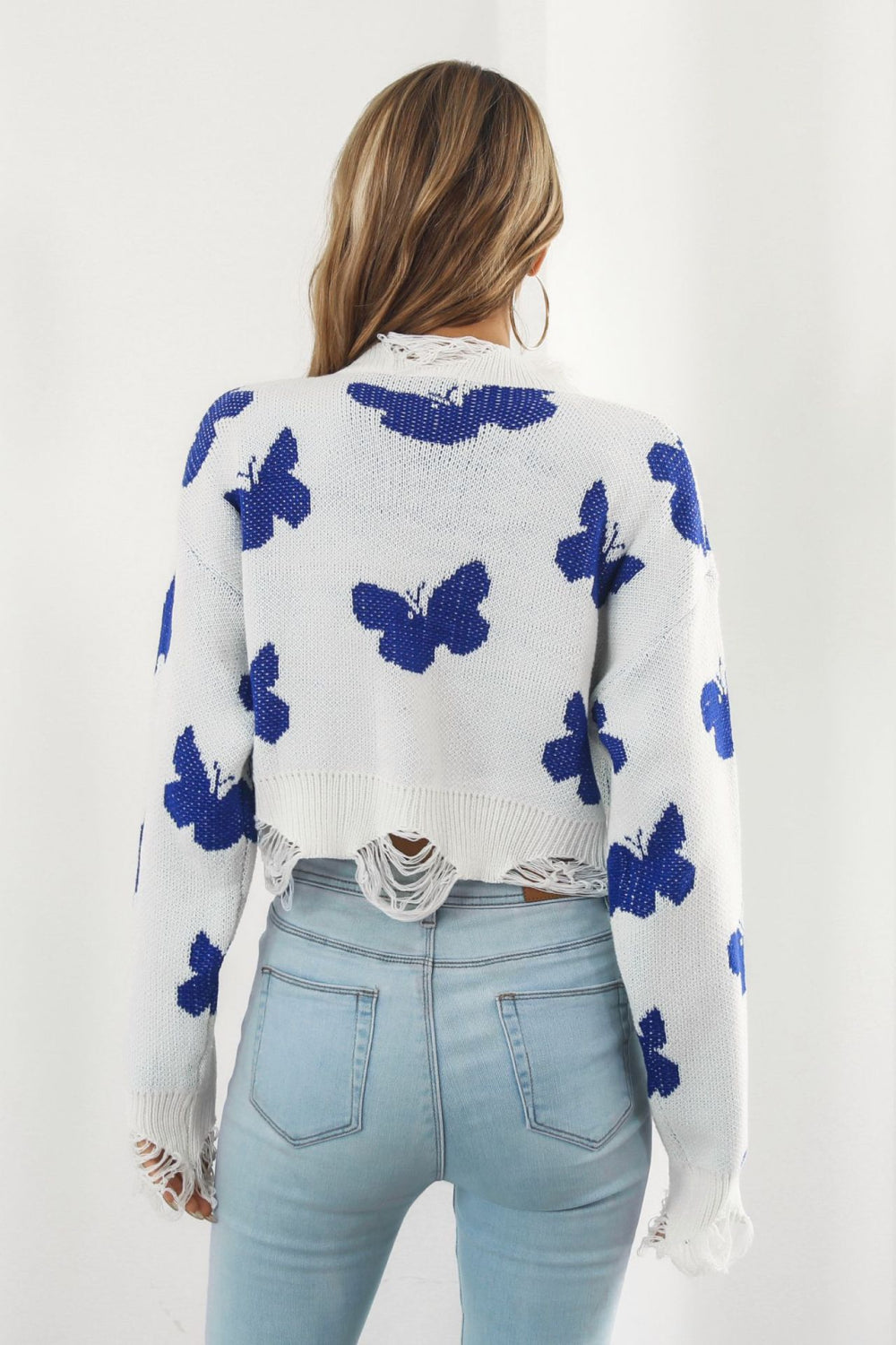 Printed Round Neck Ribbed Long Sleeve Sweater  - Doll Fits