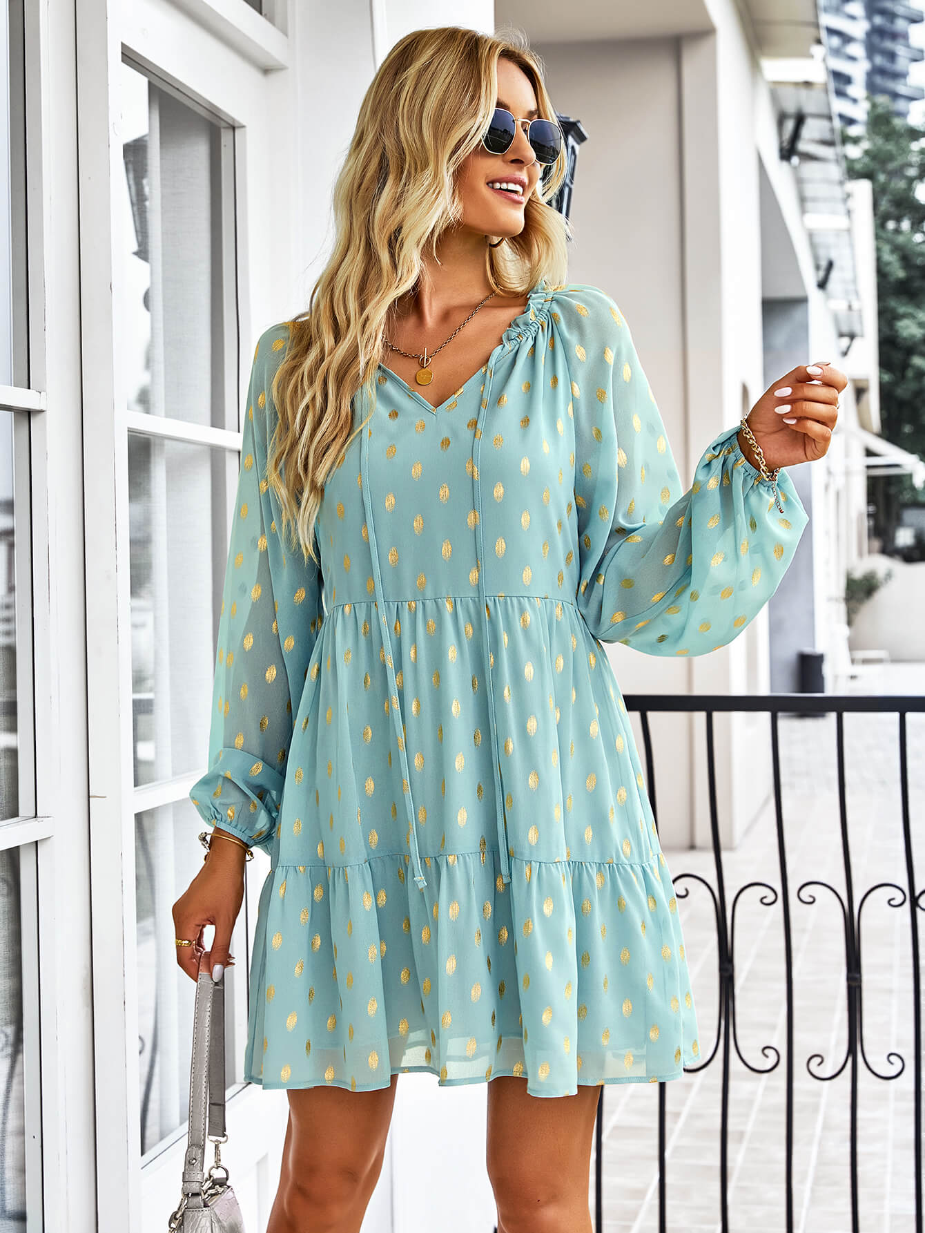Dotted Tie-Neck Frill Trim Tiered Dress  Dresses- Doll Fits