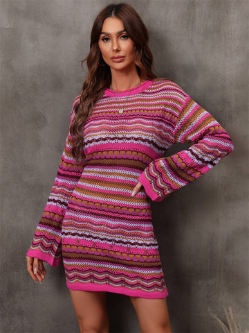 Multicolored Stripe Dropped Shoulder Sweater Dress  Dresses- Doll Fits
