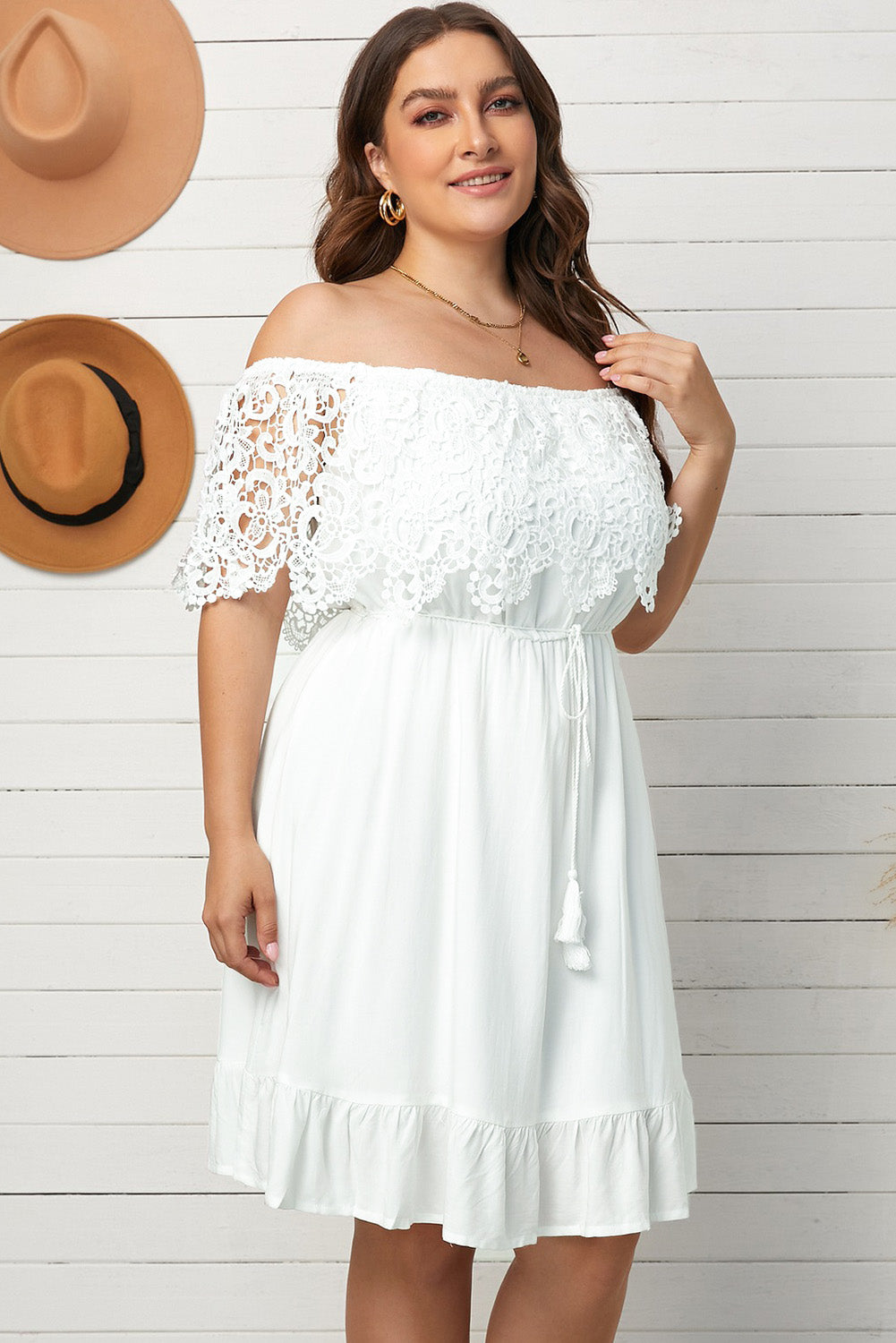 Plus Size Tassel Tie Spliced Lace Off-Shoulder Dress  Dresses- Doll Fits