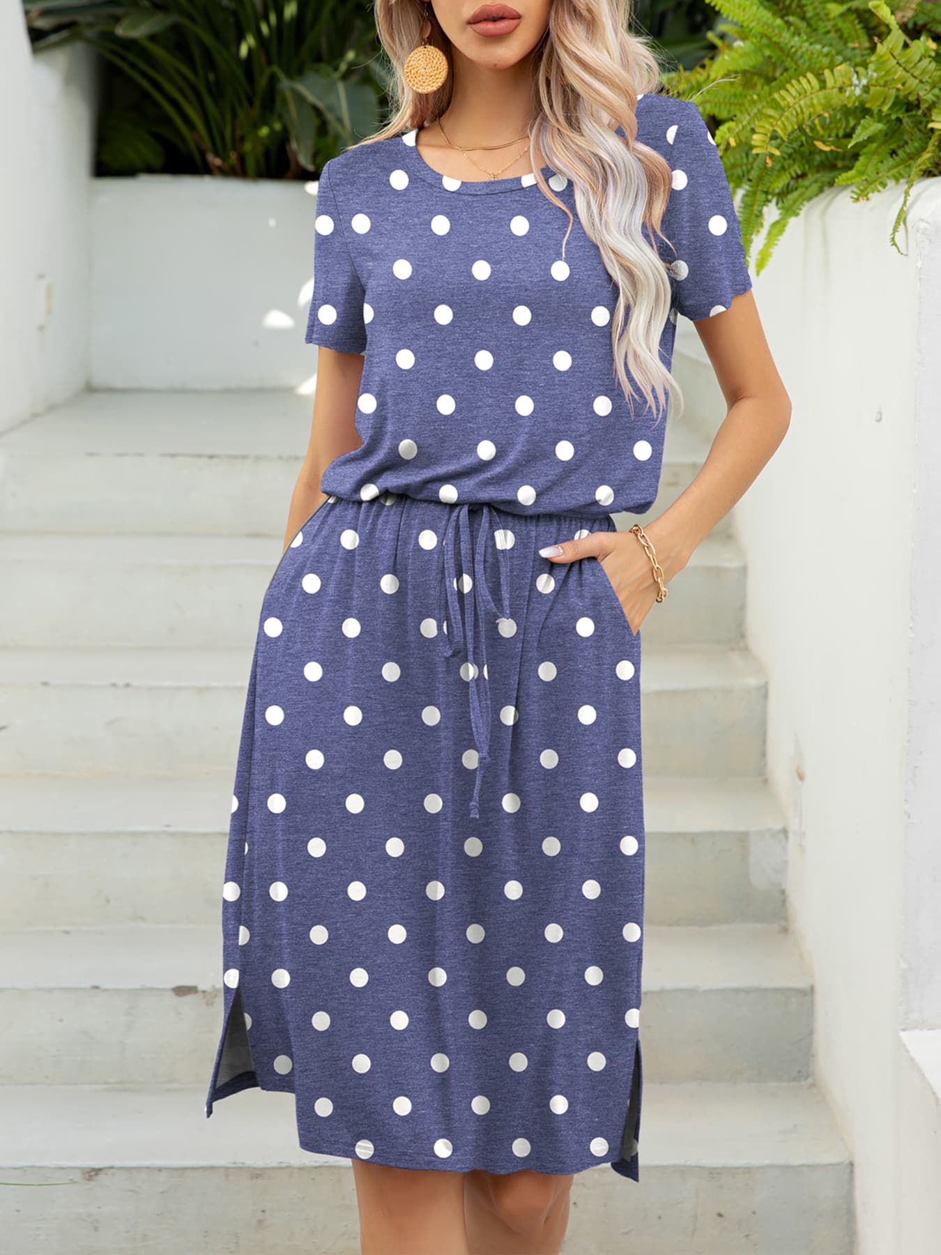 Round Neck Short Sleeve Slit Dress with Pockets  Dresses- Doll Fits