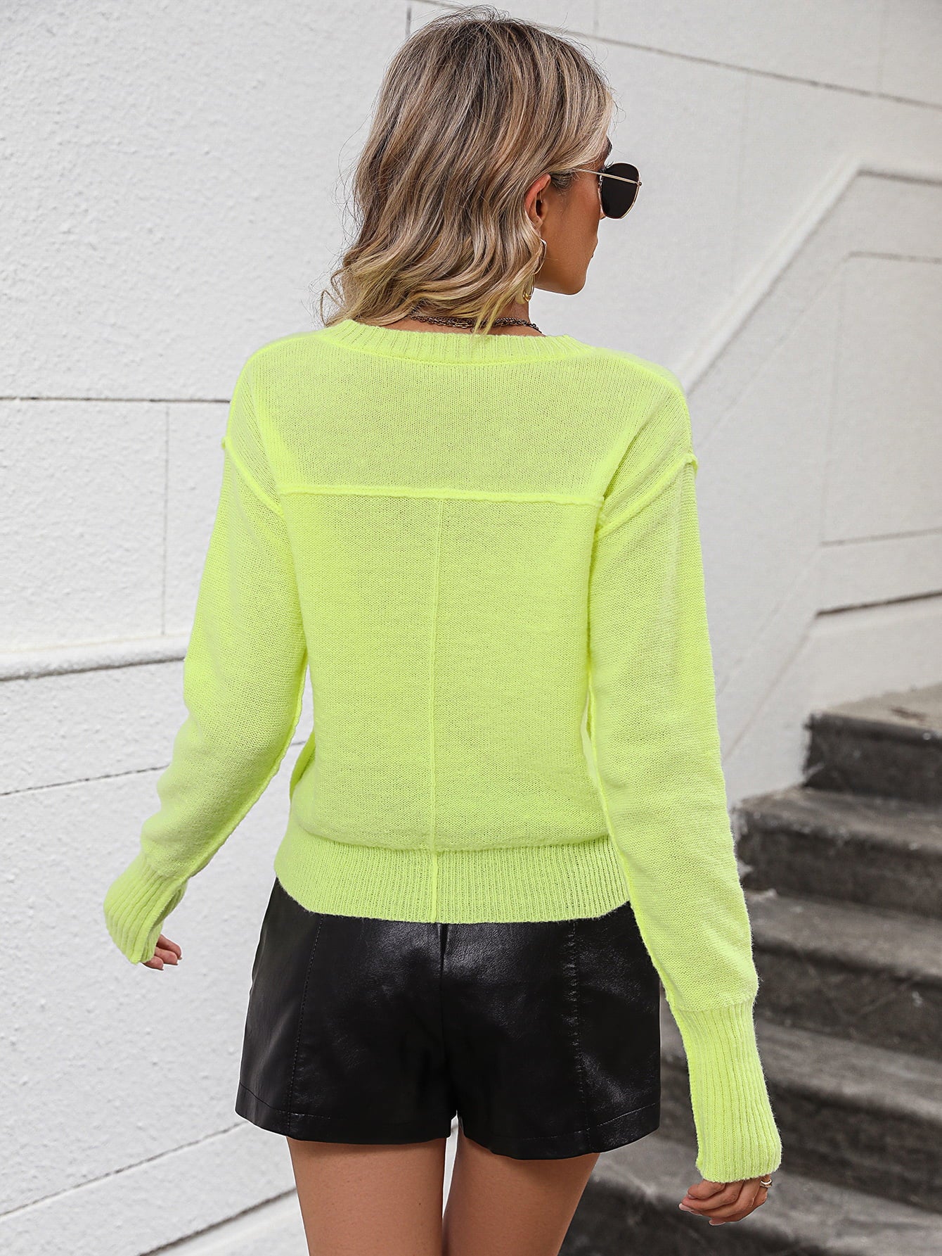 V-Neck Dropped Shoulder Long Sleeve Knit Top  - Doll Fits
