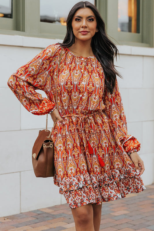 Printed Balloon Sleeve Tassel Tie Dress  Dresses- Doll Fits