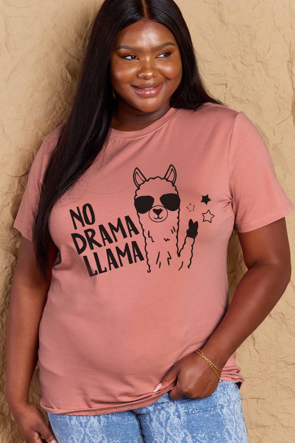 Simply Love Full Size NO DRAMA LLAMA Graphic Cotton Tee  - Doll Fits
