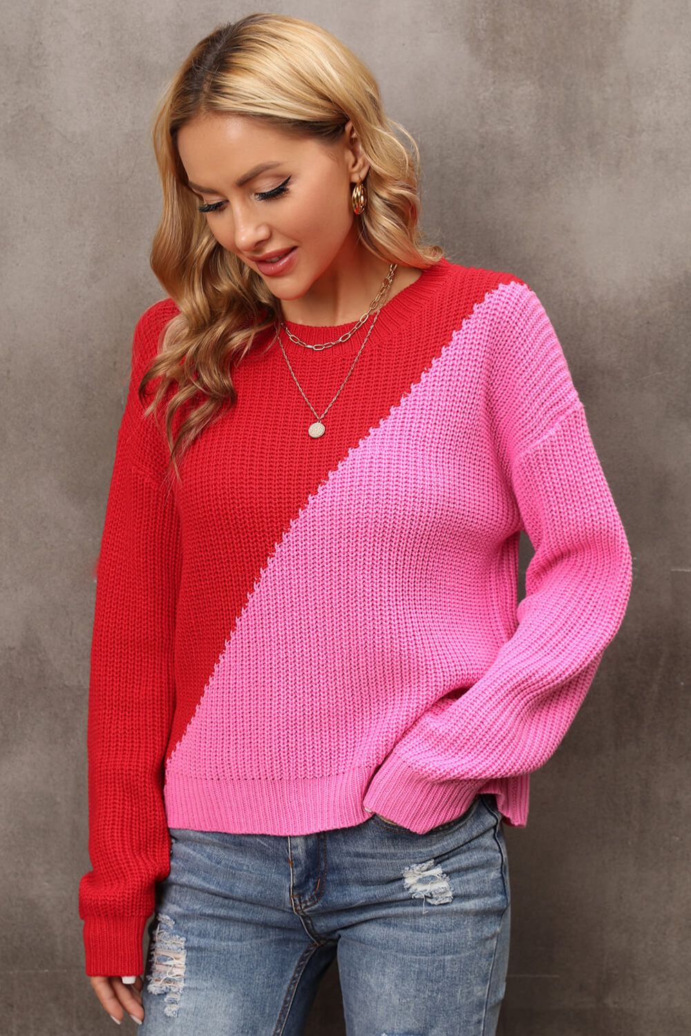Two-Tone Round Neck Dropped Shoulder Sweater  Shirts & Tops- Doll Fits