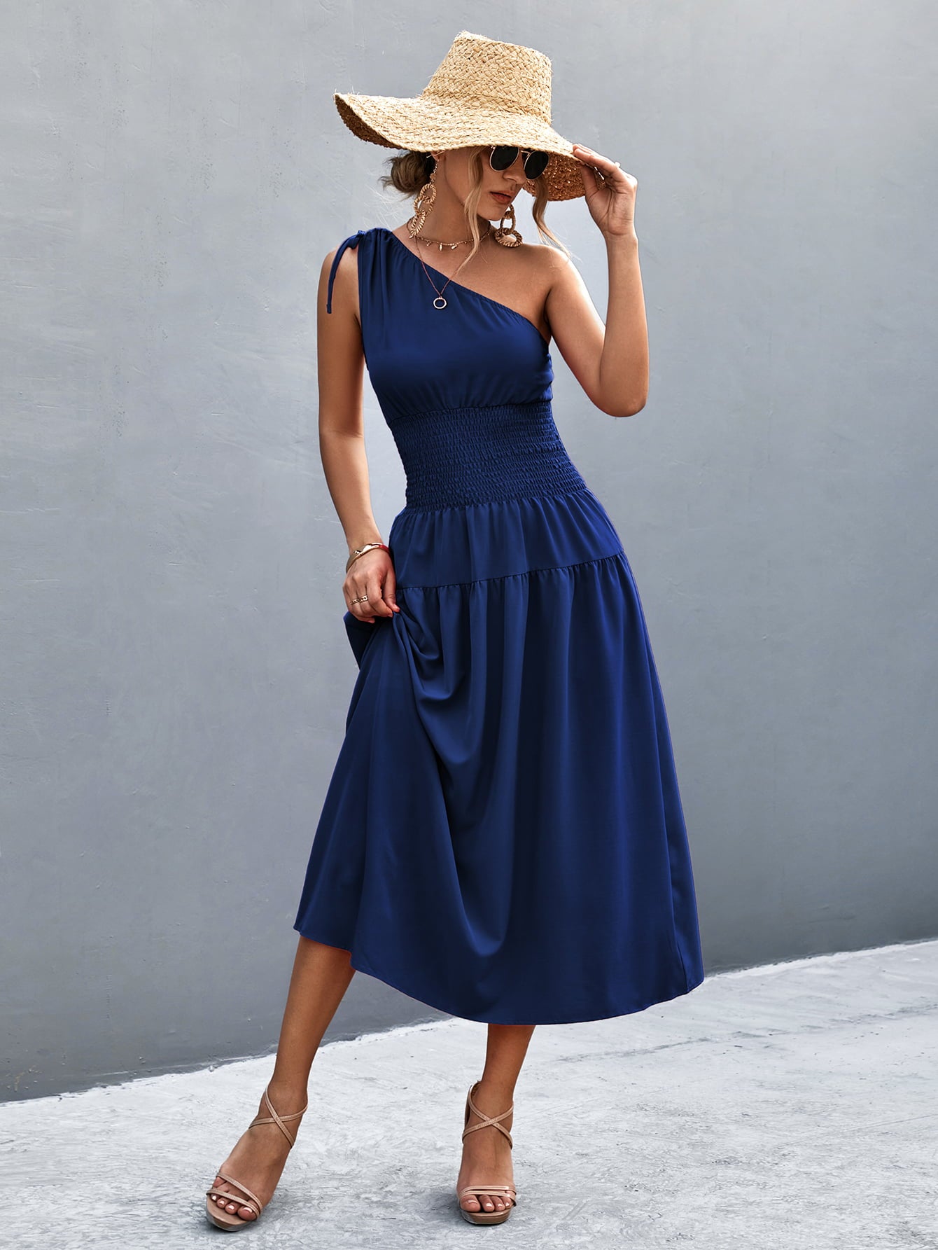 Asymmetrical One Shoulder Smocked Waist Midi Dress  Dresses- Doll Fits