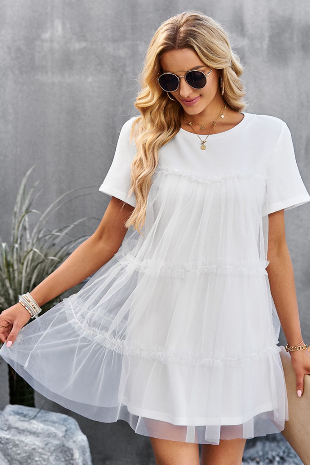 Frill Trim Spliced Mesh Mini Dress  Dresses- Doll Fits
