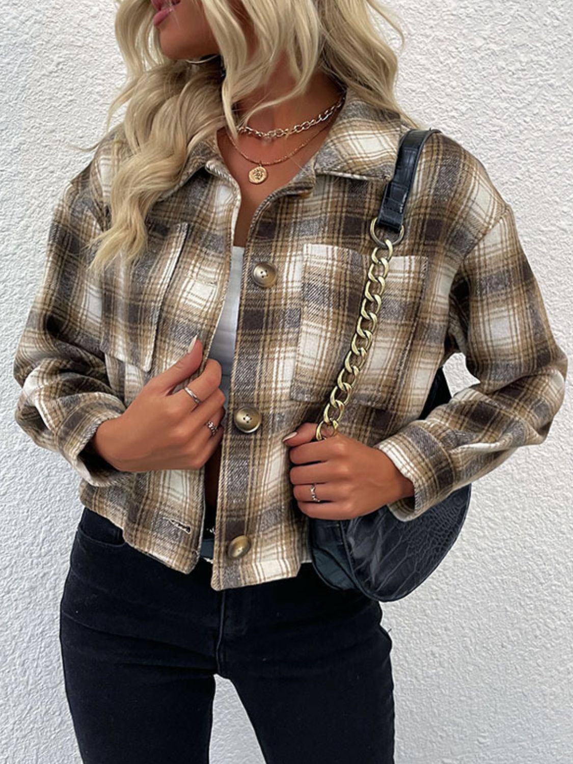 Plaid Button-Up Dropped Shoulder Shacket  - Doll Fits